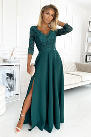 16767-1-309-5 AMBER elegant lace long dress with a neckline - green-1