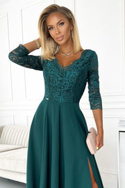 16767-5-309-5 AMBER elegant lace long dress with a neckline - green-5