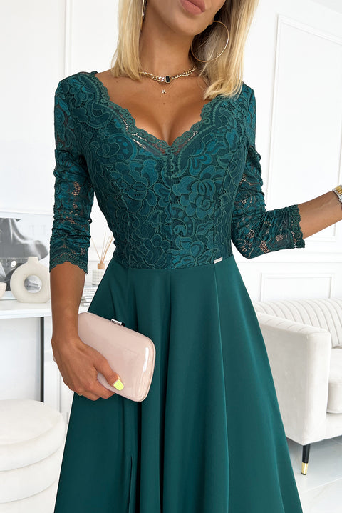 16767-3-309-5 AMBER elegant lace long dress with a neckline - green-3