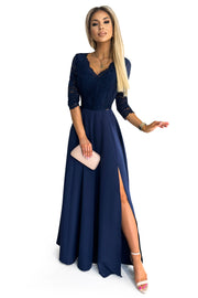 17139-7-309-6 AMBER elegant lace long dress with a neckline - navy blue-7