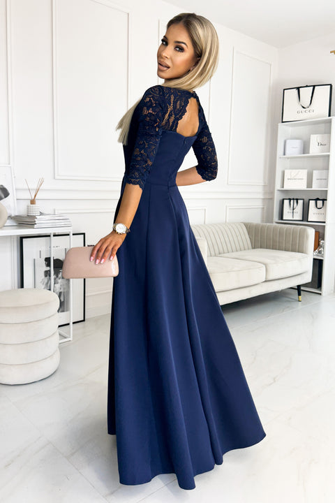 17139-2-309-6 AMBER elegant lace long dress with a neckline - navy blue-2