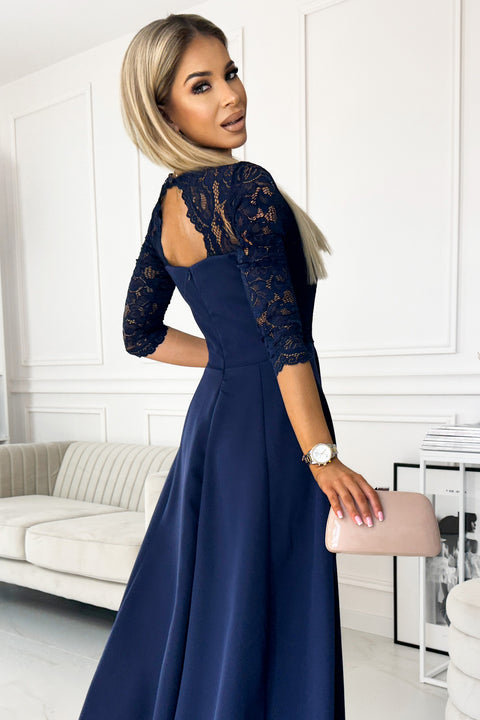 17139-4-309-6 AMBER elegant lace long dress with a neckline - navy blue-4