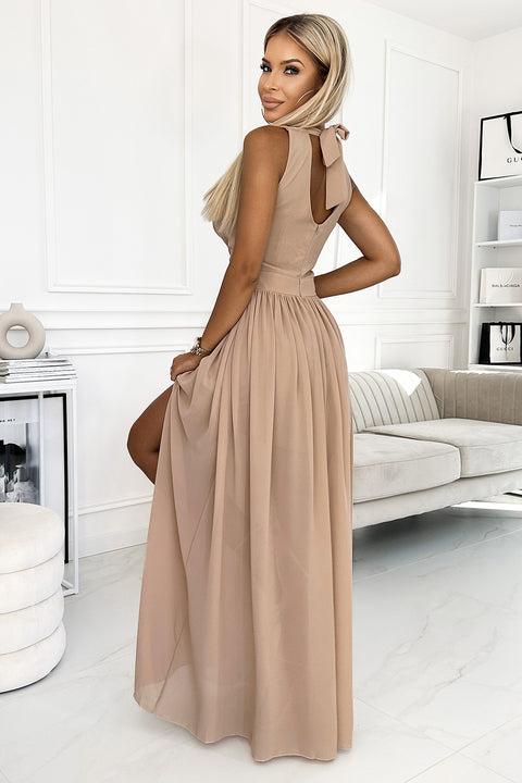 17502-2-362-6 JUSTINE Long dress with a neckline and a tie - beige-2