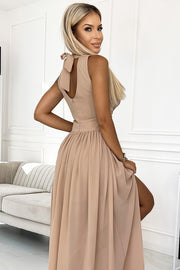 17502-4-362-6 JUSTINE Long dress with a neckline and a tie - beige-4