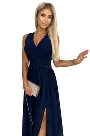 17506-8-362-7 JUSTINE Long dress with a neckline and a tie - navy blue-8