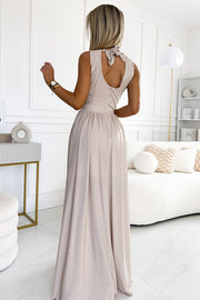 19288-3-362-8 JUSTINE Long dress with a neckline and a tie at the back - beige with glitter-3