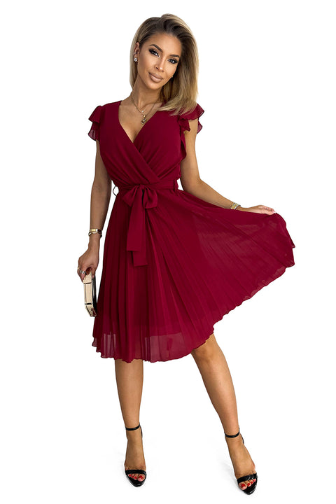 17092-7-374-2 POLINA Pleated dress with a neckline and frills - Burgundy color-7