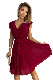 17092-6-374-2 POLINA Pleated dress with a neckline and frills - Burgundy color-6