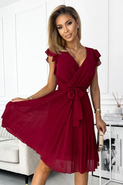 17092-1-374-2 POLINA Pleated dress with a neckline and frills - Burgundy color-1