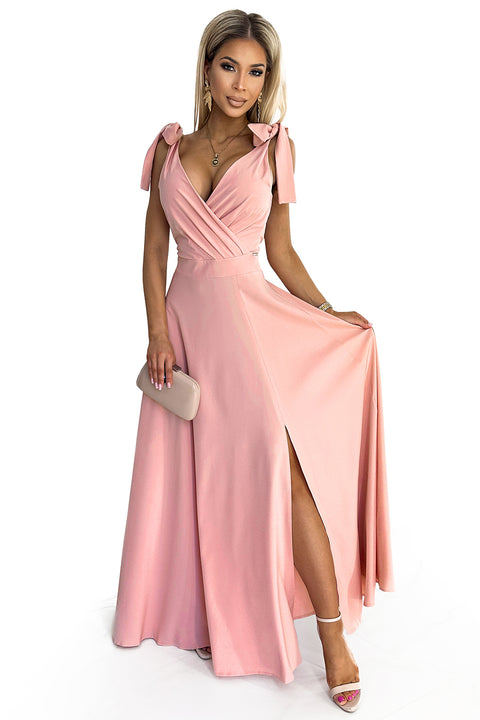 17204-6-405-3 ELENA Long dress with a neckline and ties on the shoulders - dirty pink-6