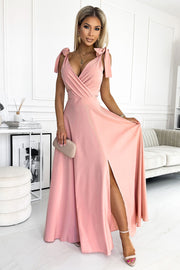 17204-1-405-3 ELENA Long dress with a neckline and ties on the shoulders - dirty pink-1