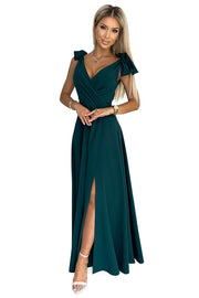 18189-7-405-4 ELENA Long dress with a neckline and ties on the shoulders - GREEN-7