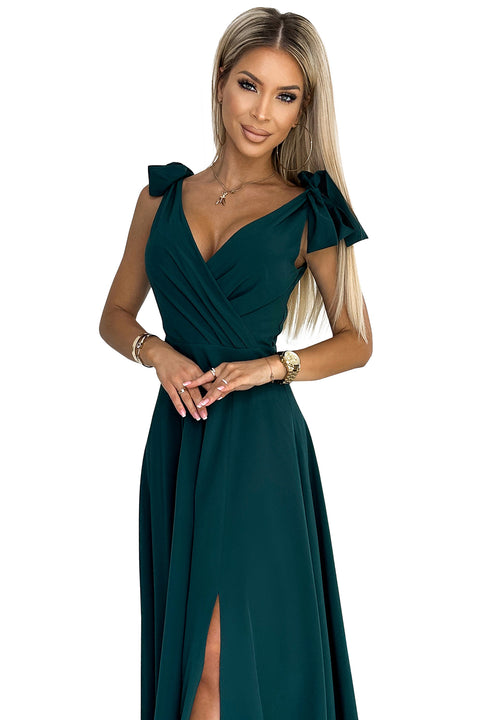 18189-8-405-4 ELENA Long dress with a neckline and ties on the shoulders - GREEN-8