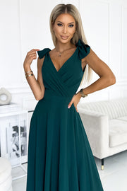 18189-2-405-4 ELENA Long dress with a neckline and ties on the shoulders - GREEN-2