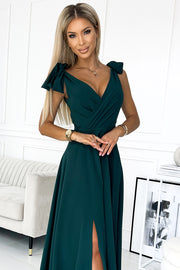 18189-4-405-4 ELENA Long dress with a neckline and ties on the shoulders - GREEN-4