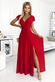 17336-1-411-2 CRYSTAL long shimmering dress with a neckline - red-1