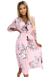 17980-8-448-1 YUNA Pleated midi dress with a neckline and a belt - roses on a pastel pink background-8