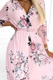 17980-6-448-1 YUNA Pleated midi dress with a neckline and a belt - roses on a pastel pink background-6