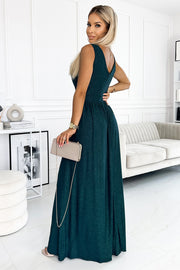 18097-3-467-1 LOUISE brocade long dress with a neckline and a leg slit - green-3