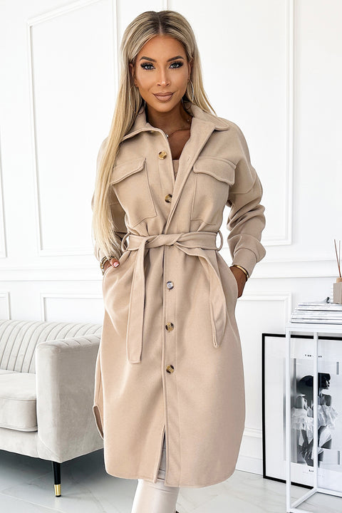 18524-4-493-1 Warm coat with pockets, buttons and tie at the waist - beige-4