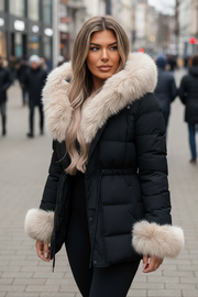 Dame vinter jakke model Sindy i Sort, Beige Pels