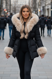 Dame vinter jakke model Sindy i Sort, Beige Pels
